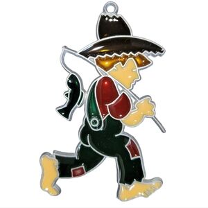 Vintage Handmade Stained Glass Huckleberry Caught A Fish Suncatcher Ornament